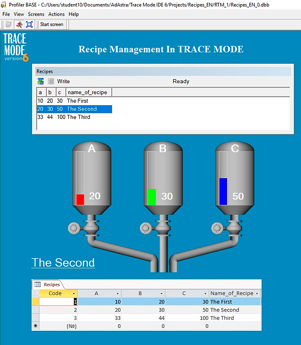 Recipe management in TRACE MODE HMI
